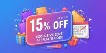 Vibrant banner announcing 15% off first purchase with exclusive 2025 affiliate code