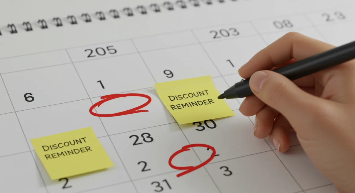 Calendar 2025 with circled dates for discount reminders
