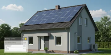 Modern home with solar panels, energy-efficient windows, and a heat pump, symbolizing 2025 energy tax credit savings.