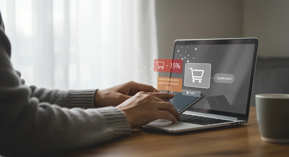 Person applying 15% discount code during online checkout process