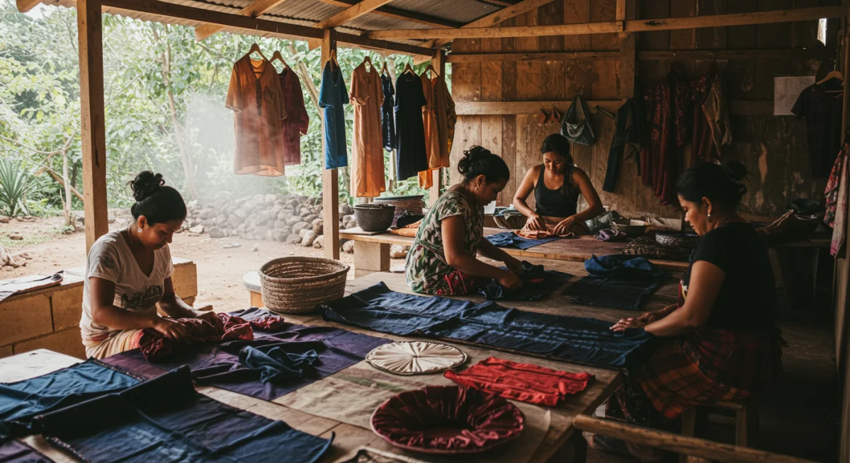 Artisans handcrafting garments using sustainable techniques in a community setting