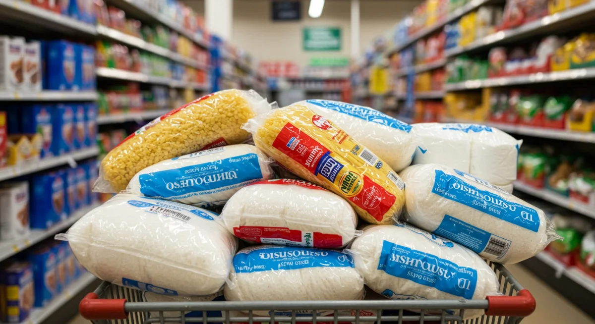 Shopping cart full of bulk non-perishable groceries