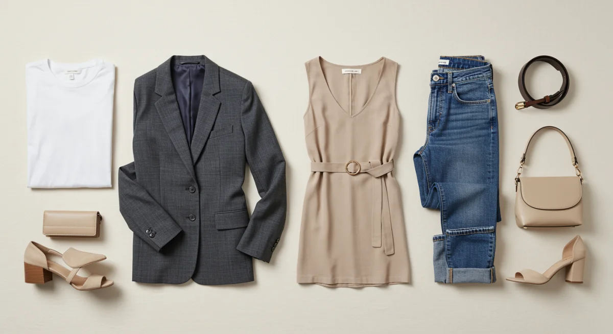 Flat lay of essential capsule wardrobe items