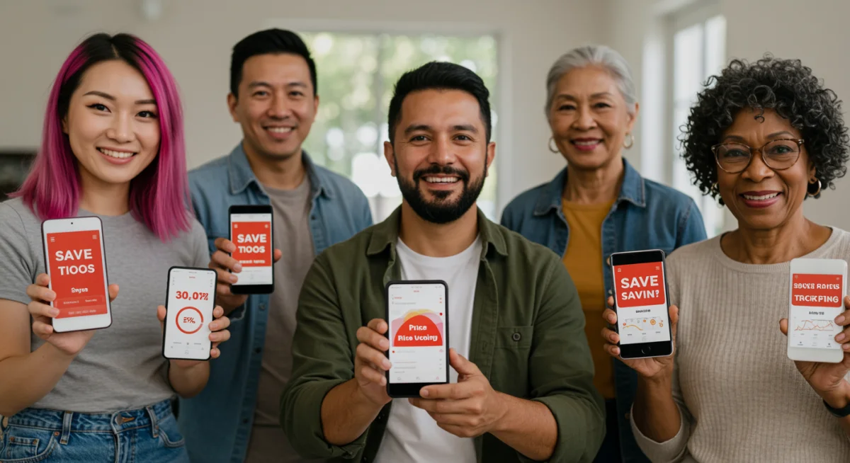Diverse group happily using price tracking apps on their devices