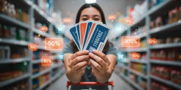 Illustration of a person with stacked coupons, symbolizing maximized savings in 2025.