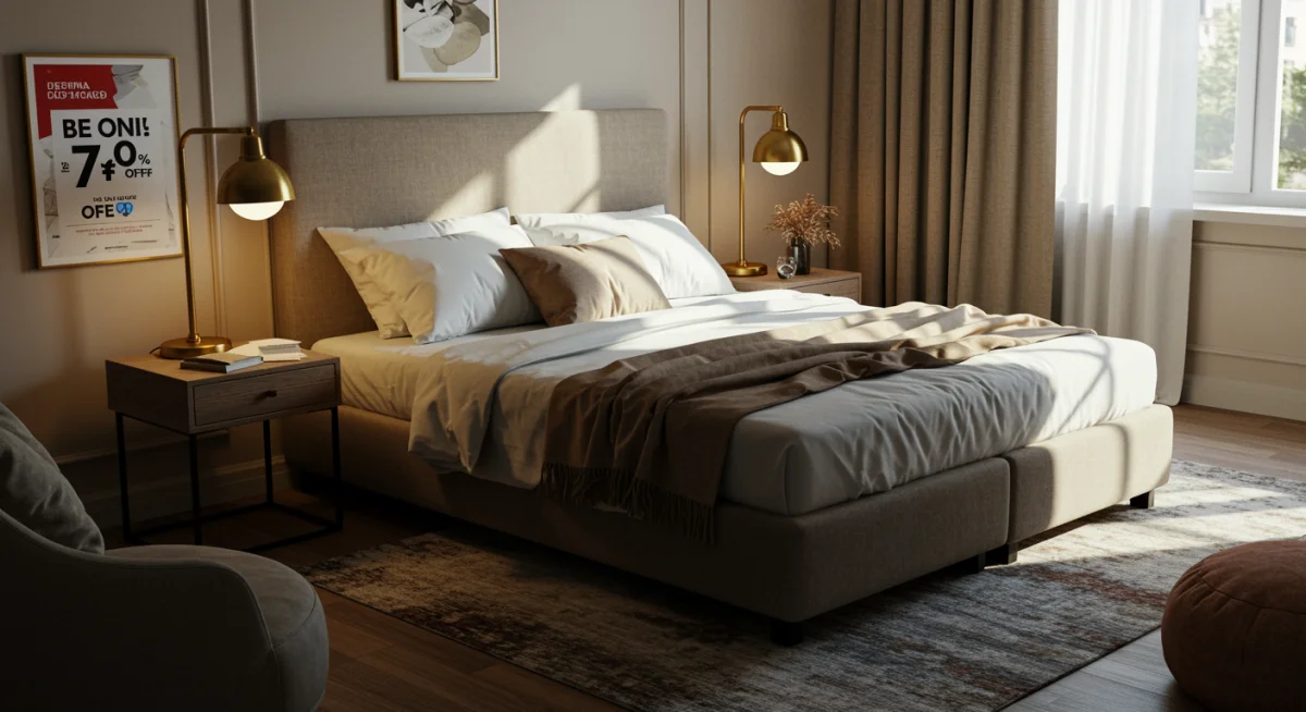 Cozy bedroom with luxurious bedding and furniture on sale