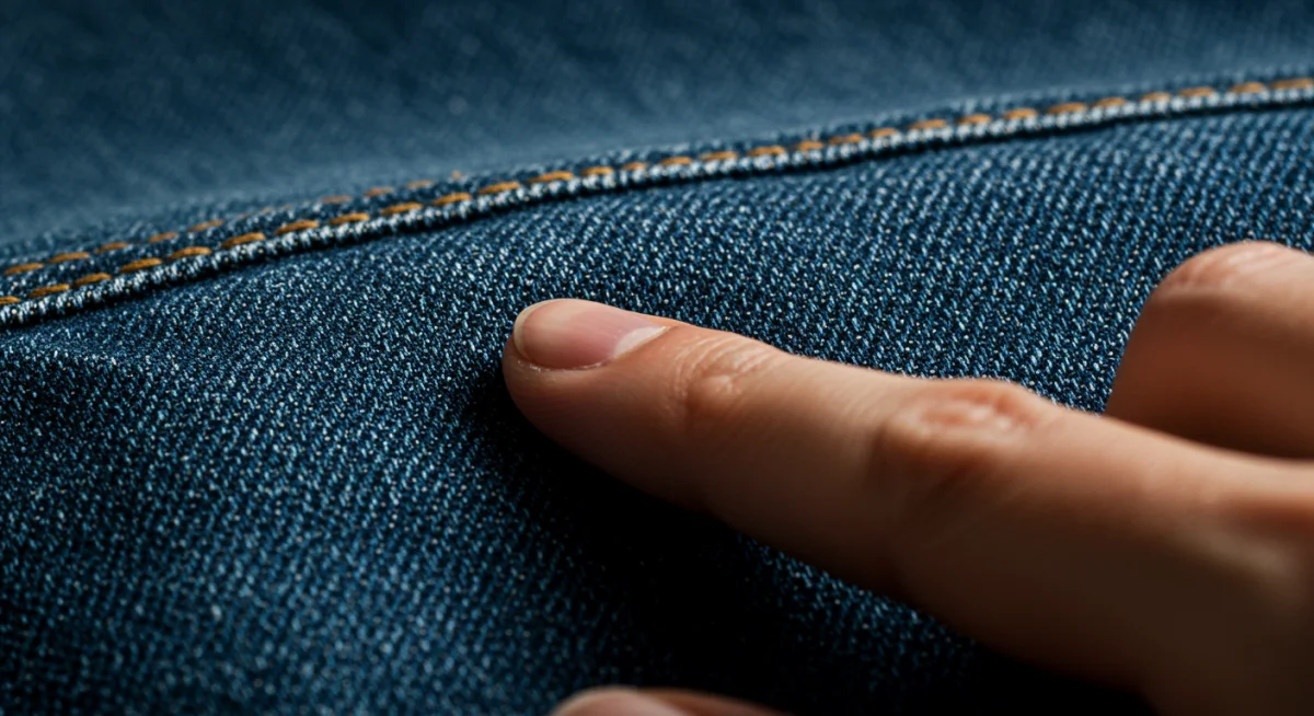 Detailed close-up of high-quality denim fabric, showcasing weave, stitching, and texture for durability analysis.