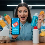 Woman holding smartphone with digital coupon for everyday essentials