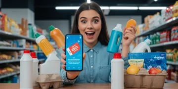 Woman holding smartphone with digital coupon for everyday essentials