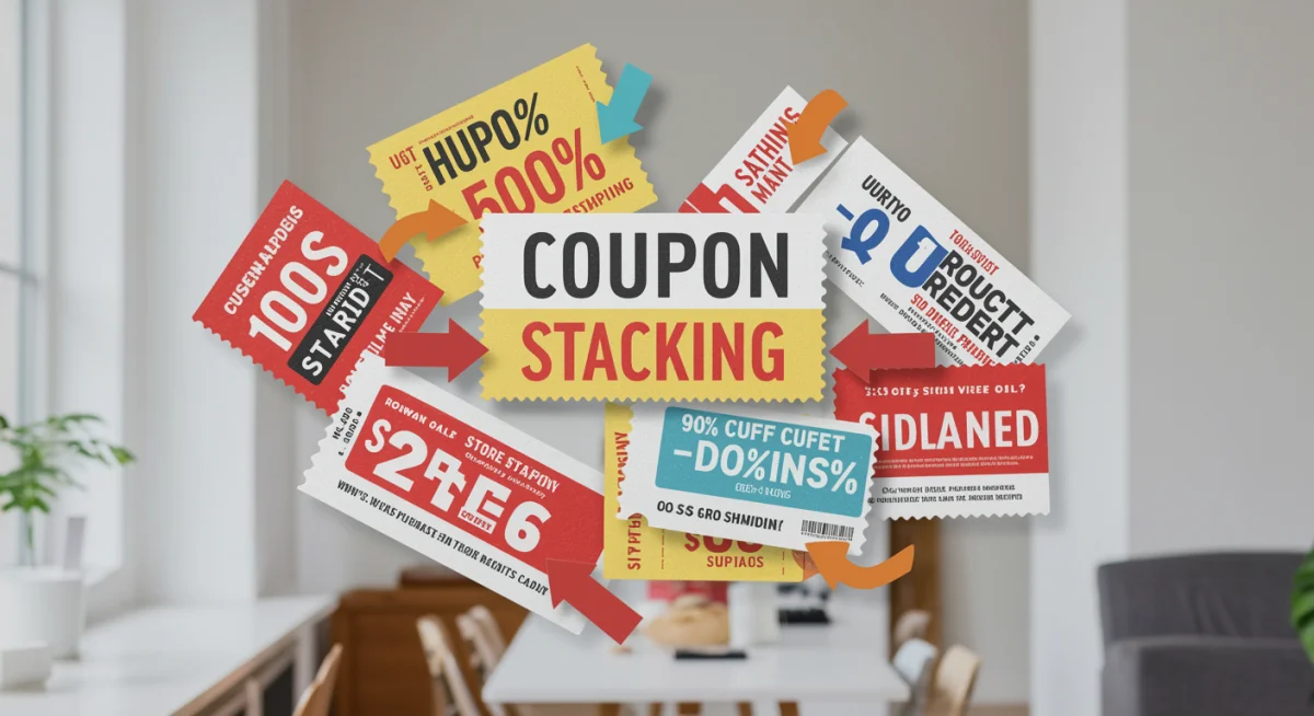 Digital representation of layered coupons, illustrating coupon stacking for greater discounts.