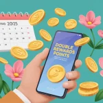 Hand holding smartphone with double rewards points offer for Spring 2025