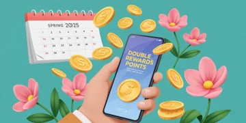 Hand holding smartphone with double rewards points offer for Spring 2025