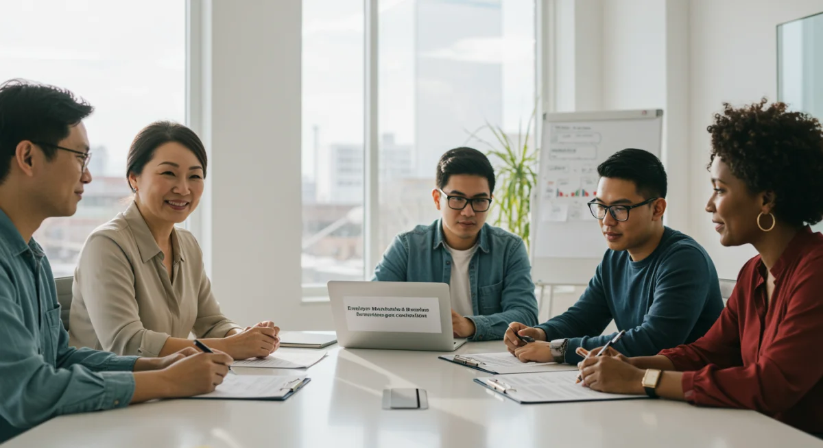Employees discussing employer-matched retirement benefits in office