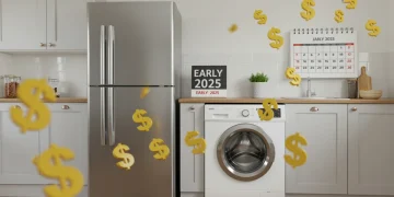 Modern kitchen with energy-efficient appliances and symbols of financial savings