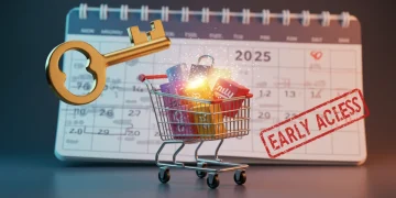 Stylized key unlocking a shopping cart, symbolizing exclusive early access to products in 2025.