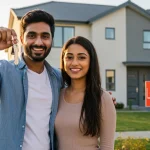 Federal Programs 2025: $2,500 for First-Time Homebuyers Smiling couple with house keys in front of their new home, symbolizing first-time homebuyer success.