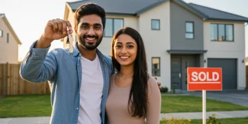 Smiling couple with house keys in front of their new home, symbolizing first-time homebuyer success.