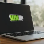Modern laptop with full battery icon on screen, symbolizing extended power.