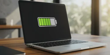 Modern laptop with full battery icon on screen, symbolizing extended power.
