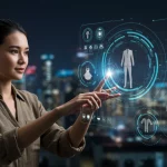 Futuristic digital styling interface with a woman choosing virtual outfits in 2025