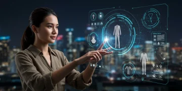 Futuristic digital styling interface with a woman choosing virtual outfits in 2025