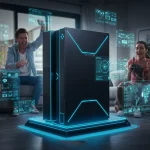 Gaming Consoles 2025: Next-Gen Hardware's Player Impact Futuristic gaming console with glowing accents and holographic game interfaces, surrounded by diverse excited players in a modern living room.