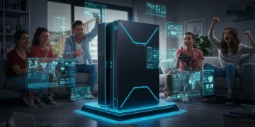Futuristic gaming console with glowing accents and holographic game interfaces, surrounded by diverse excited players in a modern living room.