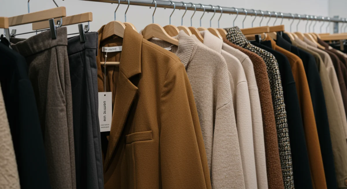Clothing rack displaying various gender-neutral garments with inclusive sizing