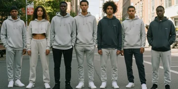 Diverse models wearing contemporary gender-neutral clothing in a city street