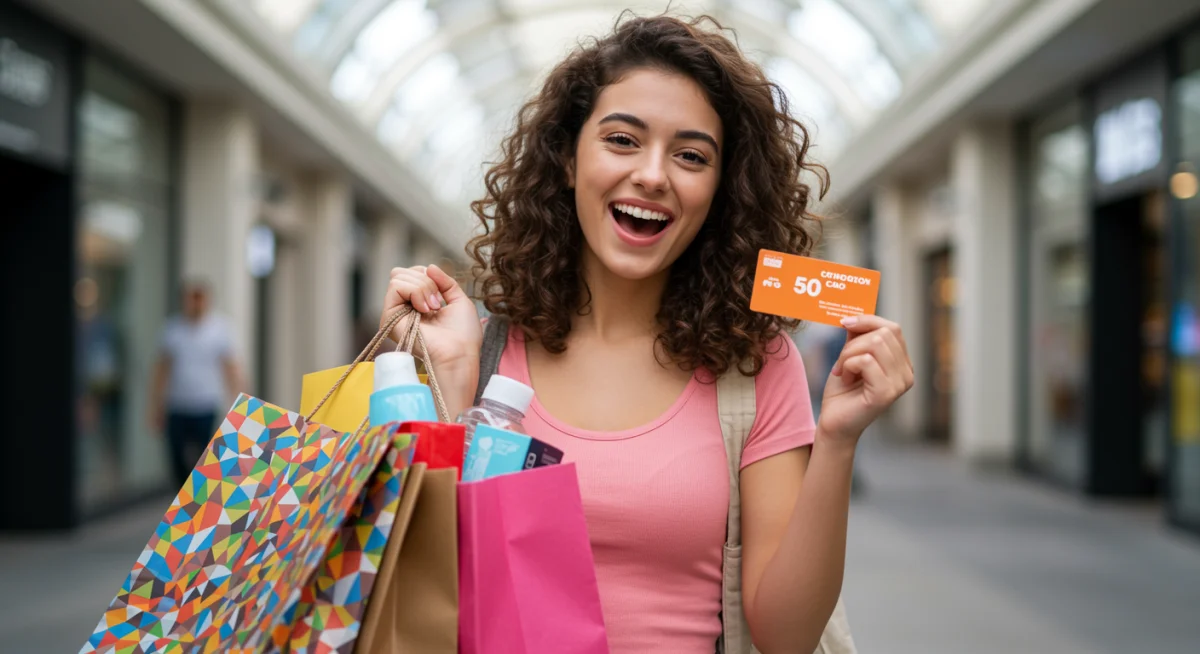 Shopper holding a gift card and shopping bags, representing the benefit of the gift card offer.