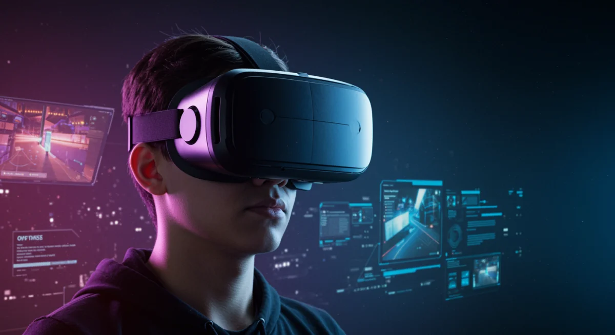 Gamer wearing a sleek VR headset, immersed in a highly realistic virtual world with vibrant graphics.