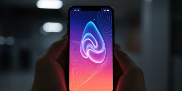 iPhone 16 displaying optimized performance interface with glowing lines