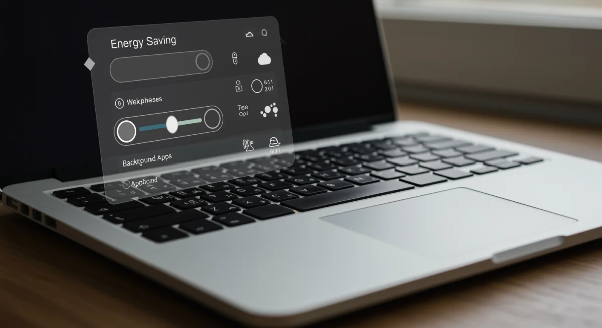 Laptop screen showing power saving settings menu, optimizing battery.