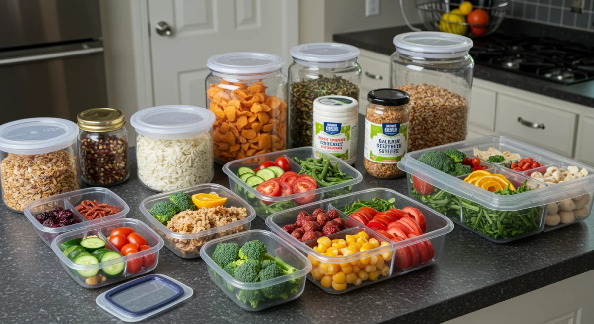 Meal-prepped containers from bulk food purchases