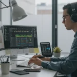 Professional at modern digital workspace with sleek productivity gadgets