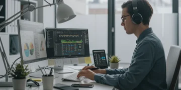 Professional at modern digital workspace with sleek productivity gadgets