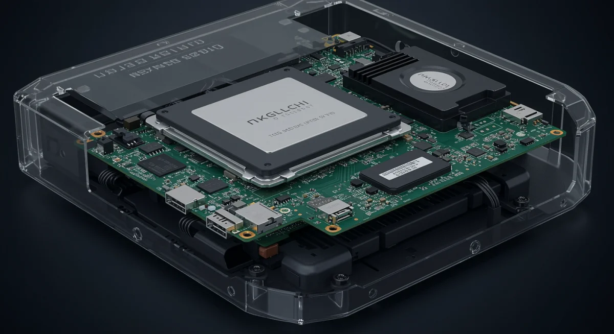 Close-up of next-gen console's internal components, highlighting CPU, GPU, and SSD with intricate wiring.