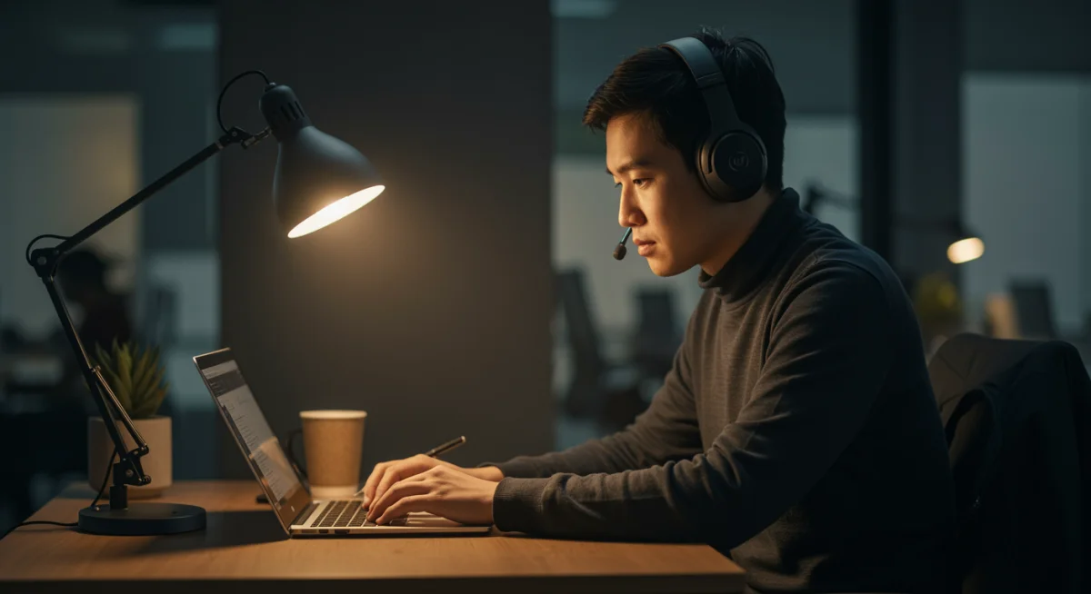Professional wearing noise-canceling headphones for focused work