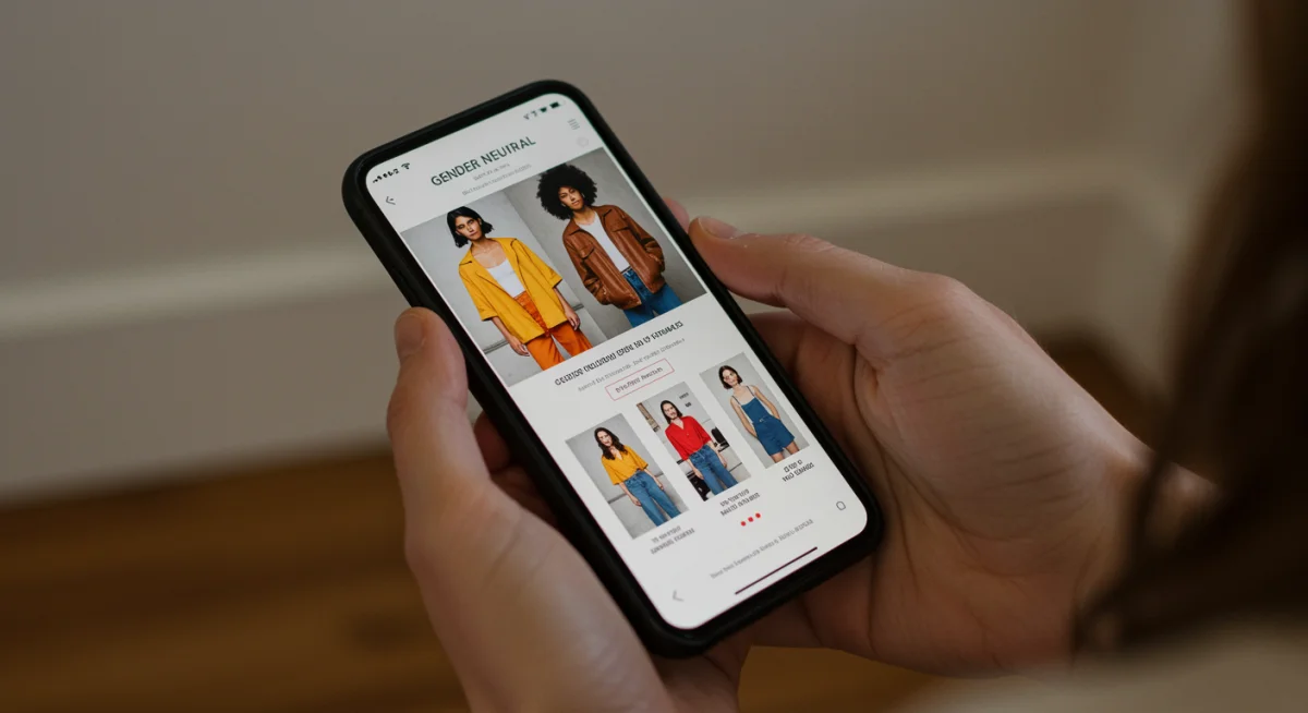 Hands browsing gender-neutral fashion on an e-commerce website