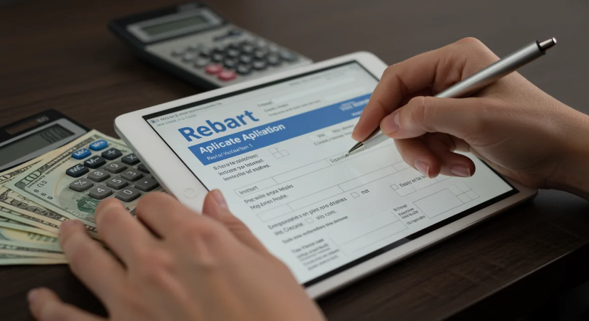 Person applying for appliance rebate online with tablet and calculator