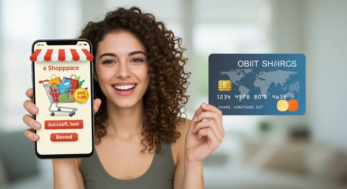 Woman using smartphone to shop online and redeem a new member credit.