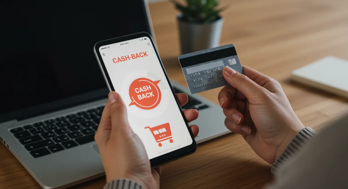 Person using a cash-back app on a smartphone for online shopping with a credit card, earning rewards.
