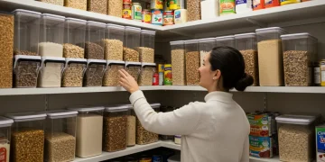 Organized pantry with bulk food items and a smiling person