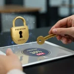 Hand unlocking digital premium subscription with 30% discount key