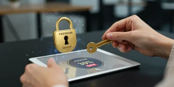 Hand unlocking digital premium subscription with 30% discount key