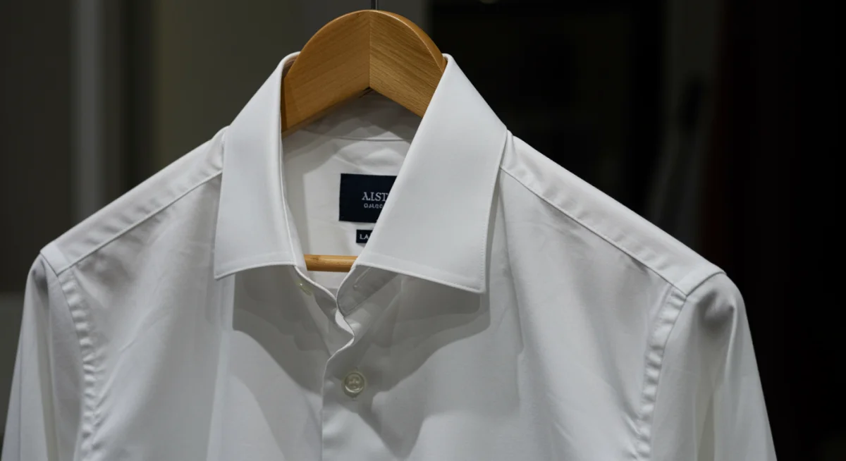 Close-up of a crisp, high-quality white button-down shirt on a hanger.