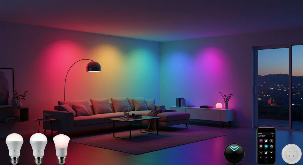 Smart LED lighting illuminating a modern living room in various colors.