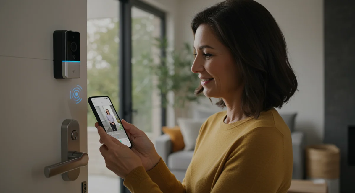 Homeowner controlling smart lock and doorbell via smartphone