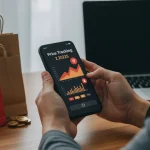 Smart Shopping: Price Tracking Tools to Save 10% in 2025 Smart shopper using price tracking app on phone with shopping bags and laptop