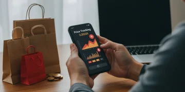 Smart shopper using price tracking app on phone with shopping bags and laptop